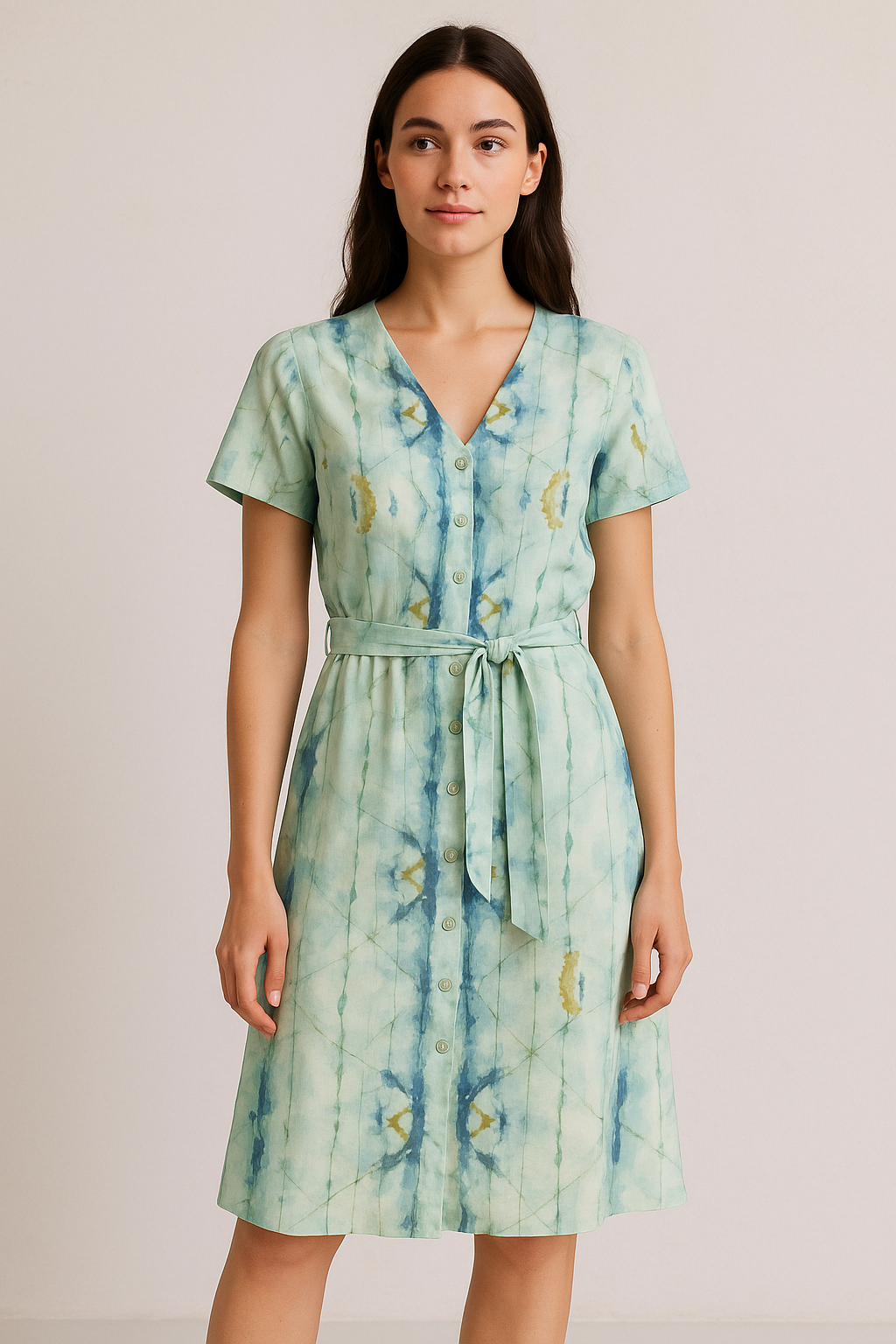 Blue and Green Hand Block Printed Linen Fabric