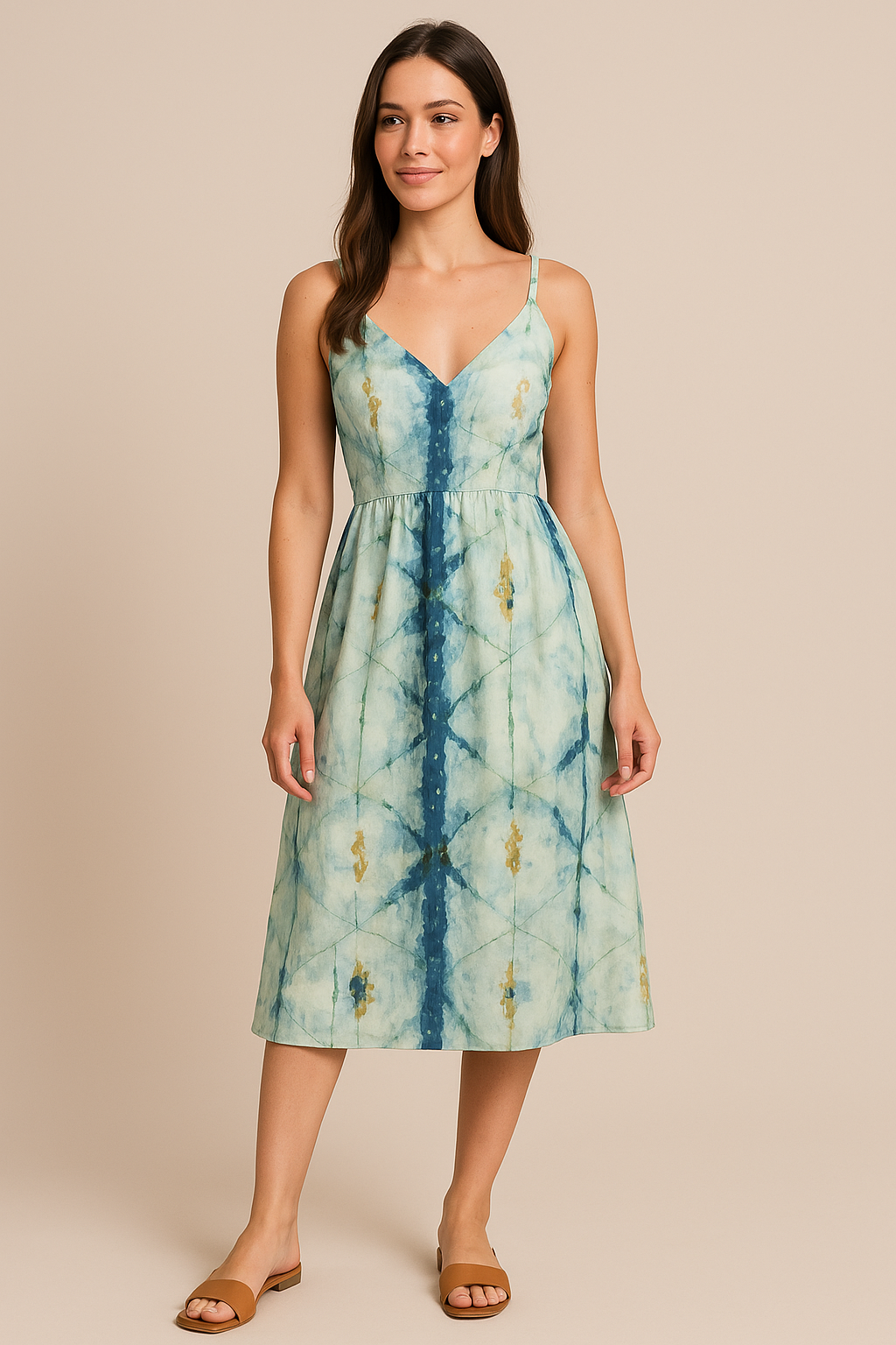 Blue and Green Hand Block Printed Linen Fabric