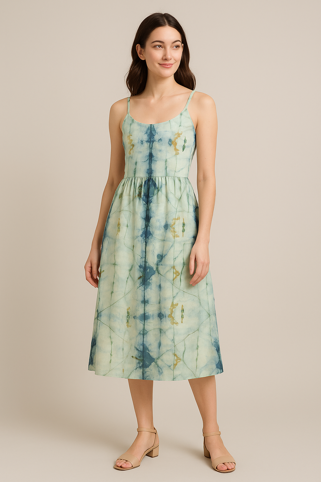 Blue and Green Hand Block Printed Linen Fabric