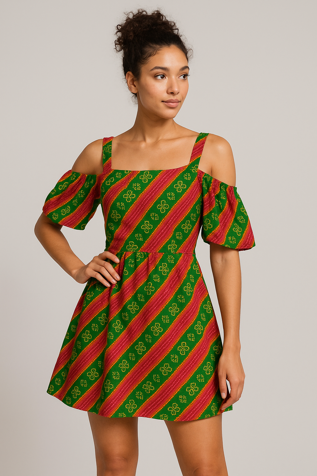 Tiny Yellow With Green Doted Flower Digital Printed Fabric - Weightless