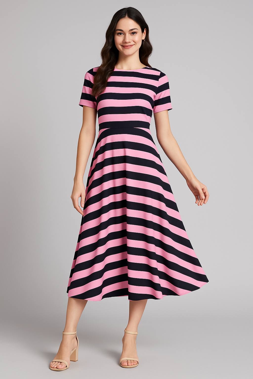 Bayadere Stripes Black With Pink Digital Printed Fabric - Weightless