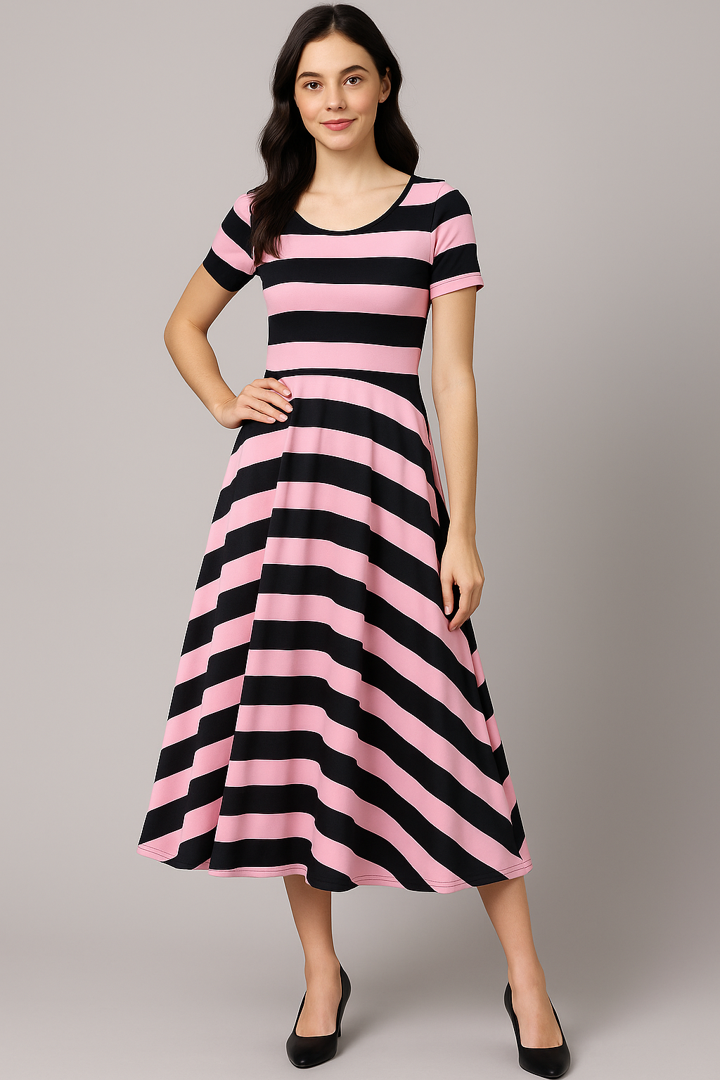 Bayadere Stripes Black With Pink Digital Printed Fabric - Weightless