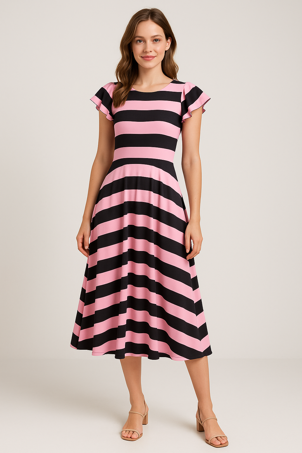 Bayadere Stripes Black With Pink Digital Printed Fabric - Weightless