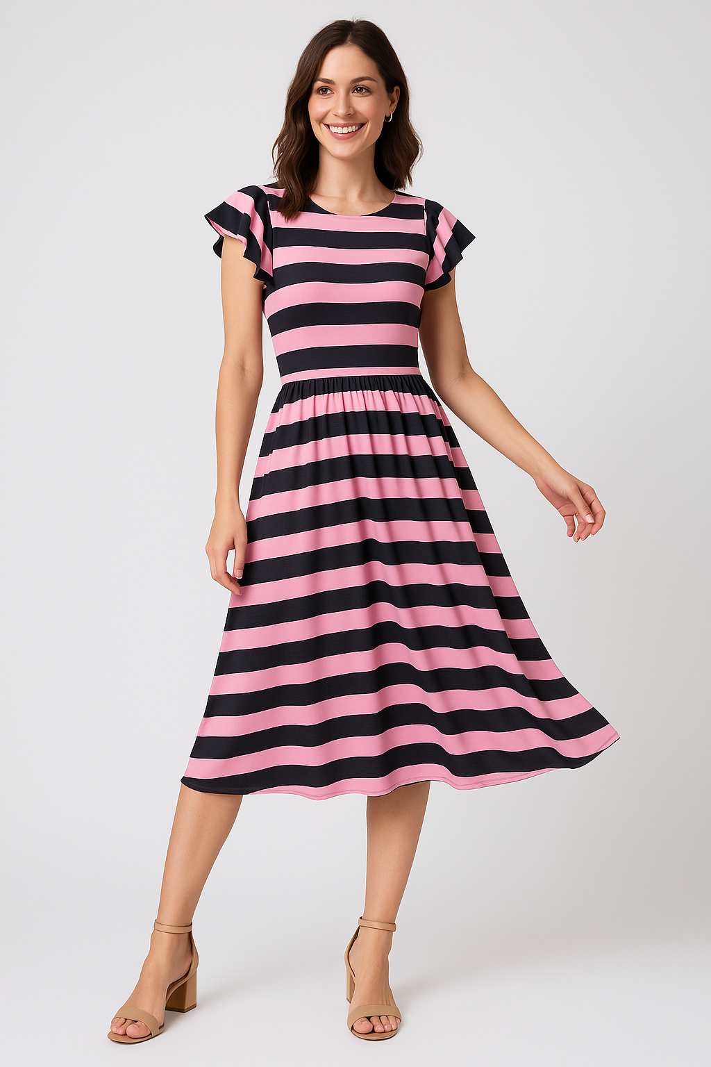 Bayadere Stripes Black With Pink Digital Printed Fabric - Weightless