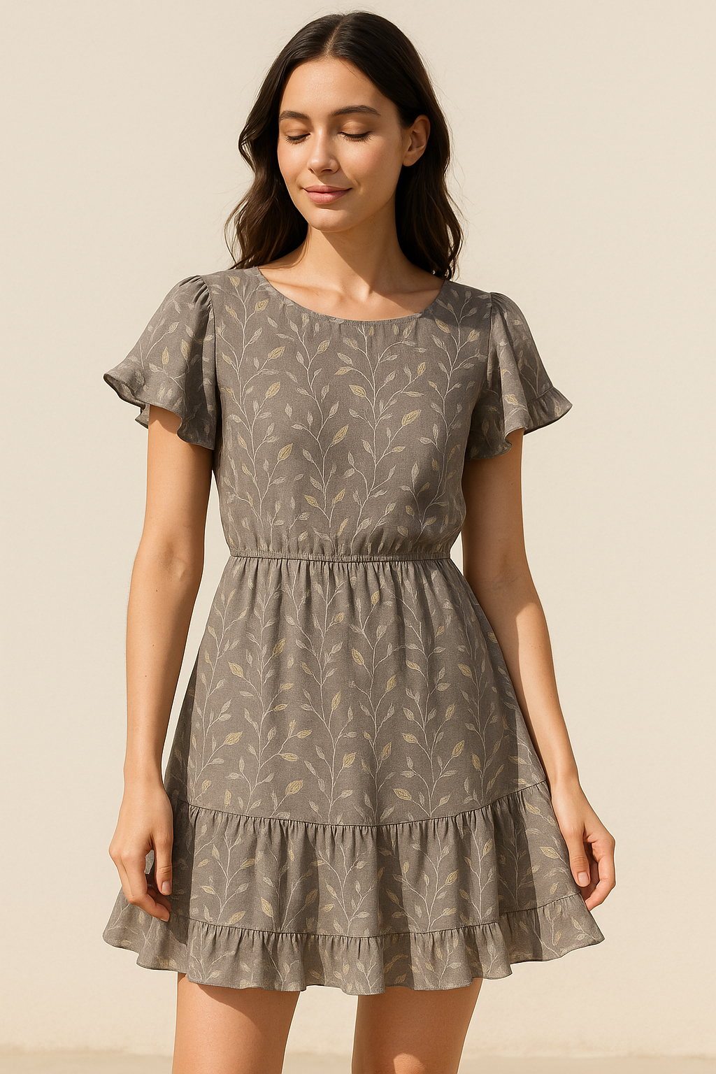 Brown Leaves With Stalk Digital Printed Fabric - Weightless