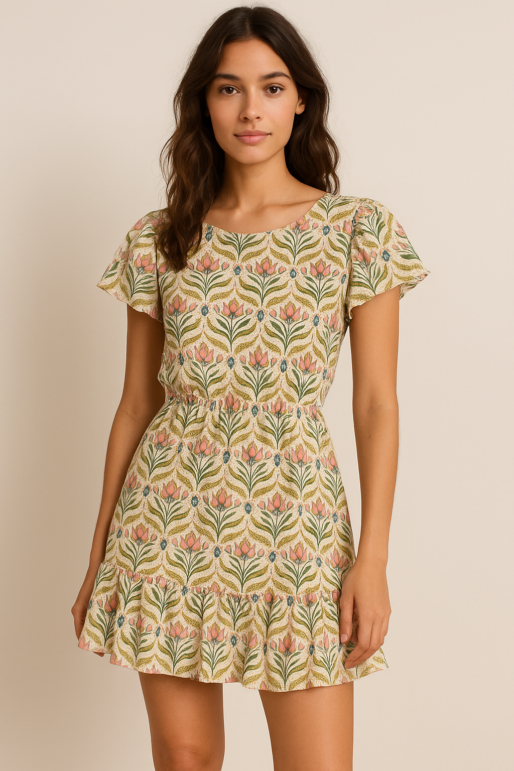 Green Leaves With Flower Digital Printed Fabric