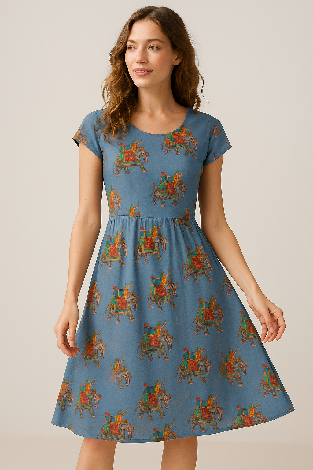 Traditional Elephant Motif Digital Printed Fabric - Pure Georgette