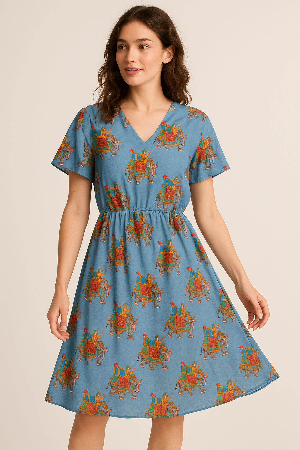 Traditional Elephant Motif Digital Printed Fabric - Pure Georgette