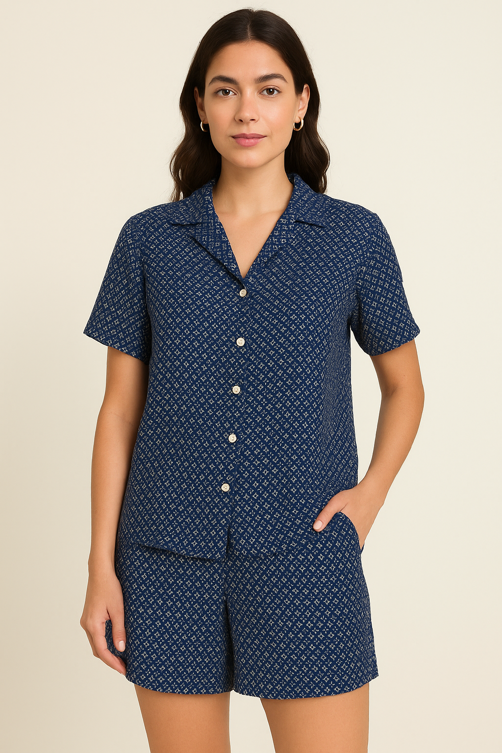 Attractive Tiny Blue Star Ogee Digital Printed Fabric - Pure Georgette