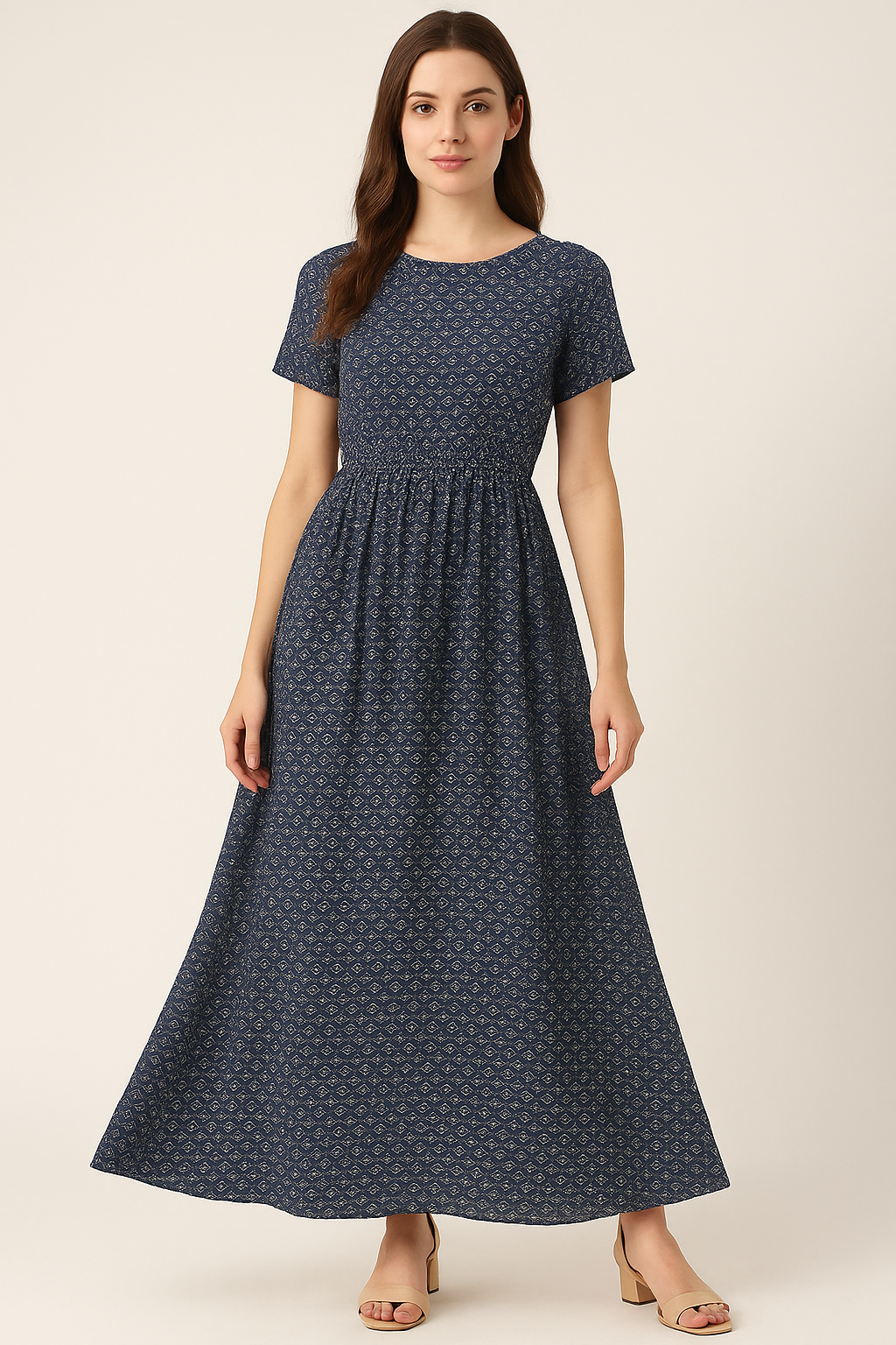 Attractive Tiny Blue Star Ogee Digital Printed Fabric - Pure Georgette