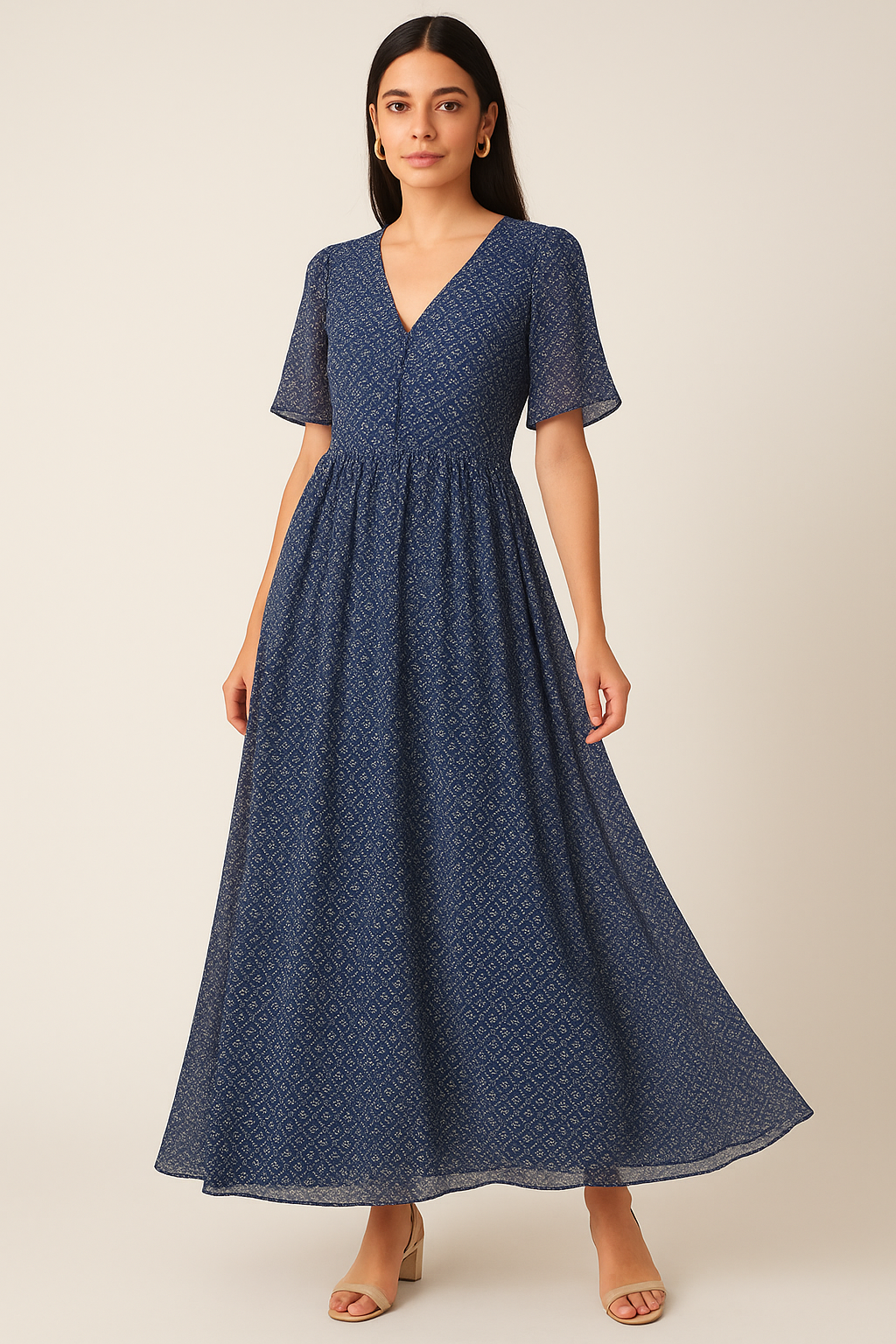 Attractive Tiny Blue Star Ogee Digital Printed Fabric - Pure Georgette