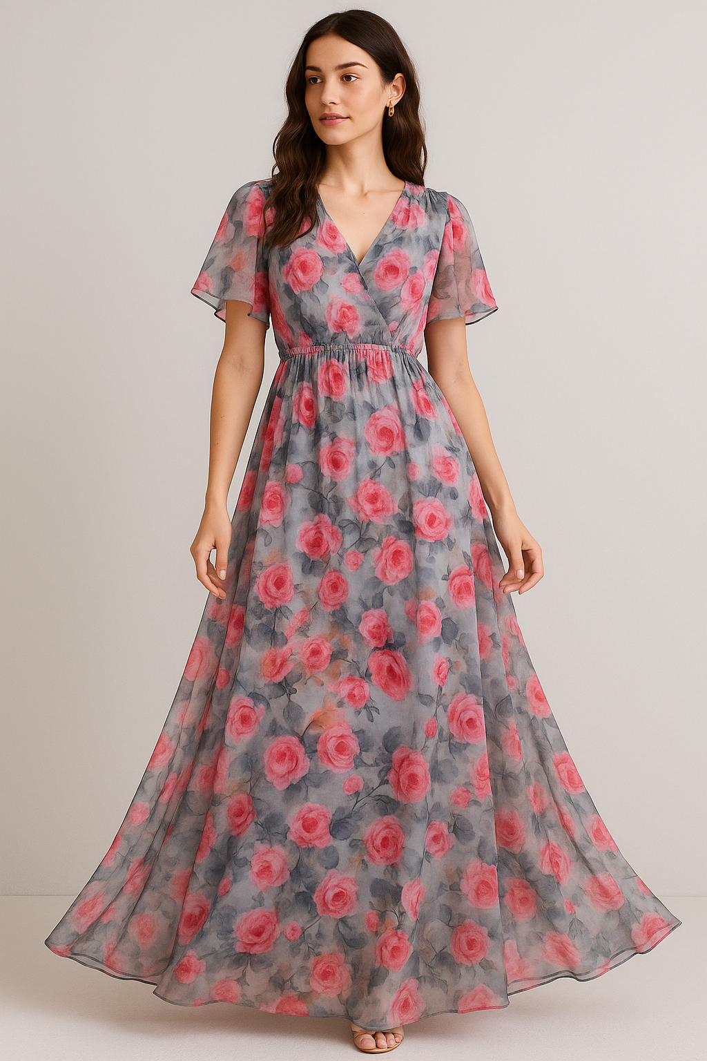 Pink And Peach Rose Allover Digital Printed Fabric - Pure Georgette