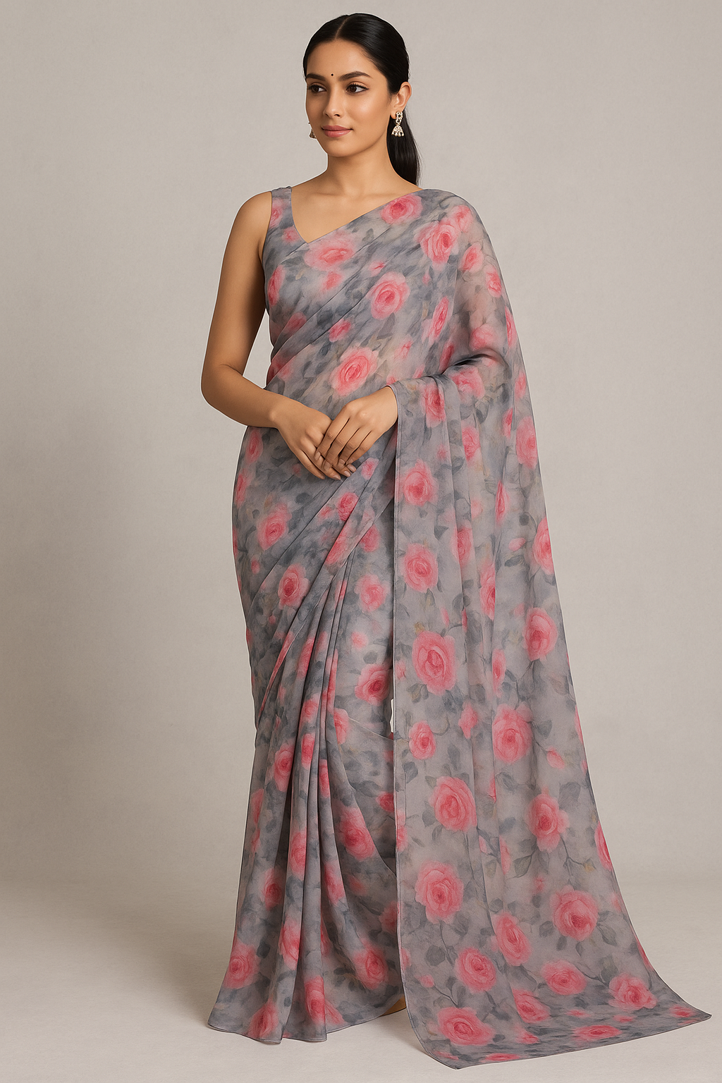 Pink And Peach Rose Allover Digital Printed Fabric - Pure Georgette