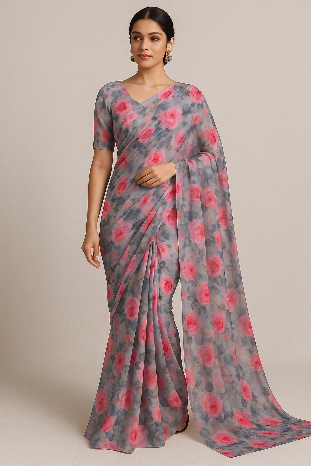 Pink And Peach Rose Allover Digital Printed Fabric - Pure Georgette