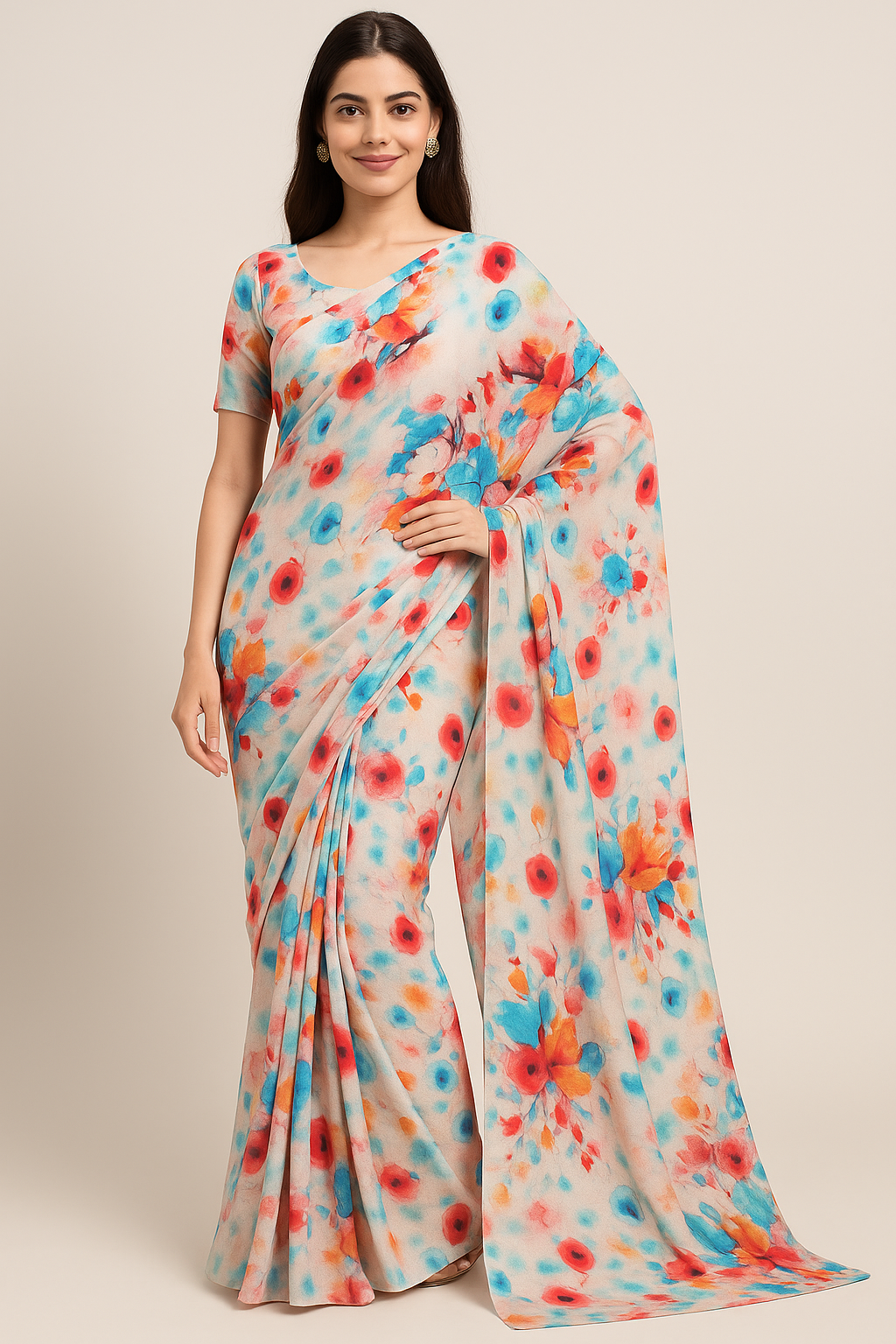 Rainbow Colourful Tulip Roses Digital Printed Fabric - Pure Georgette