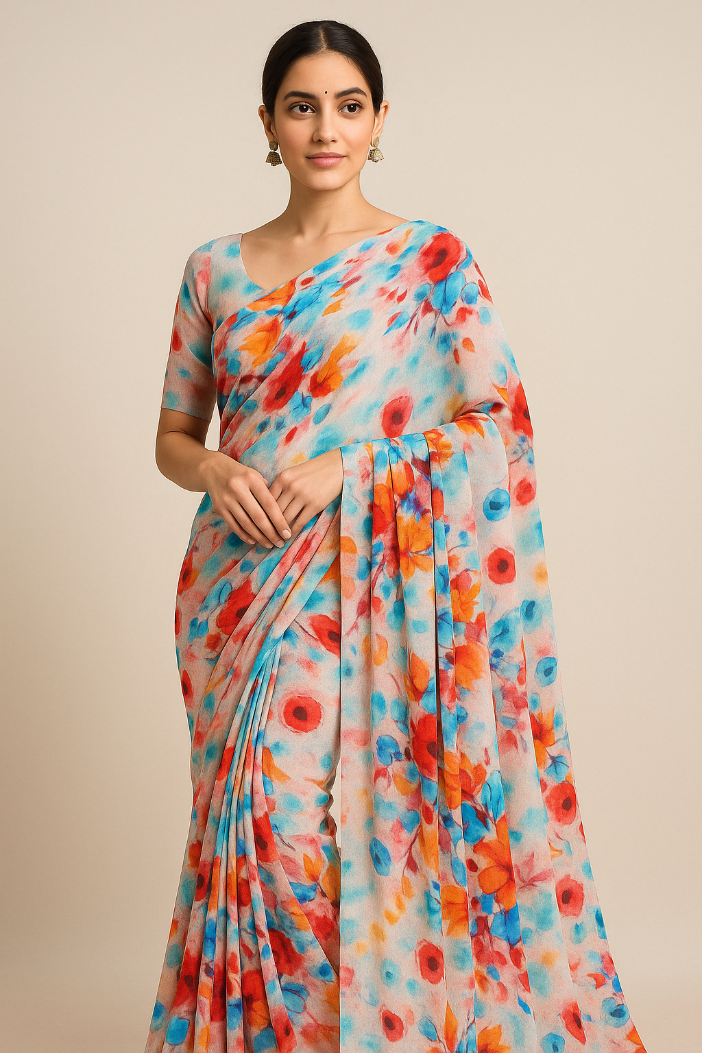 Rainbow Colourful Tulip Roses Digital Printed Fabric - Pure Georgette