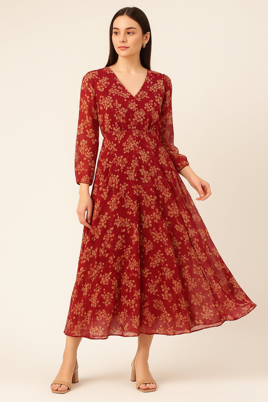 Most Attractive Red And Golden Ninebark Leaves Digital Printed Fabric - Pure Georgette