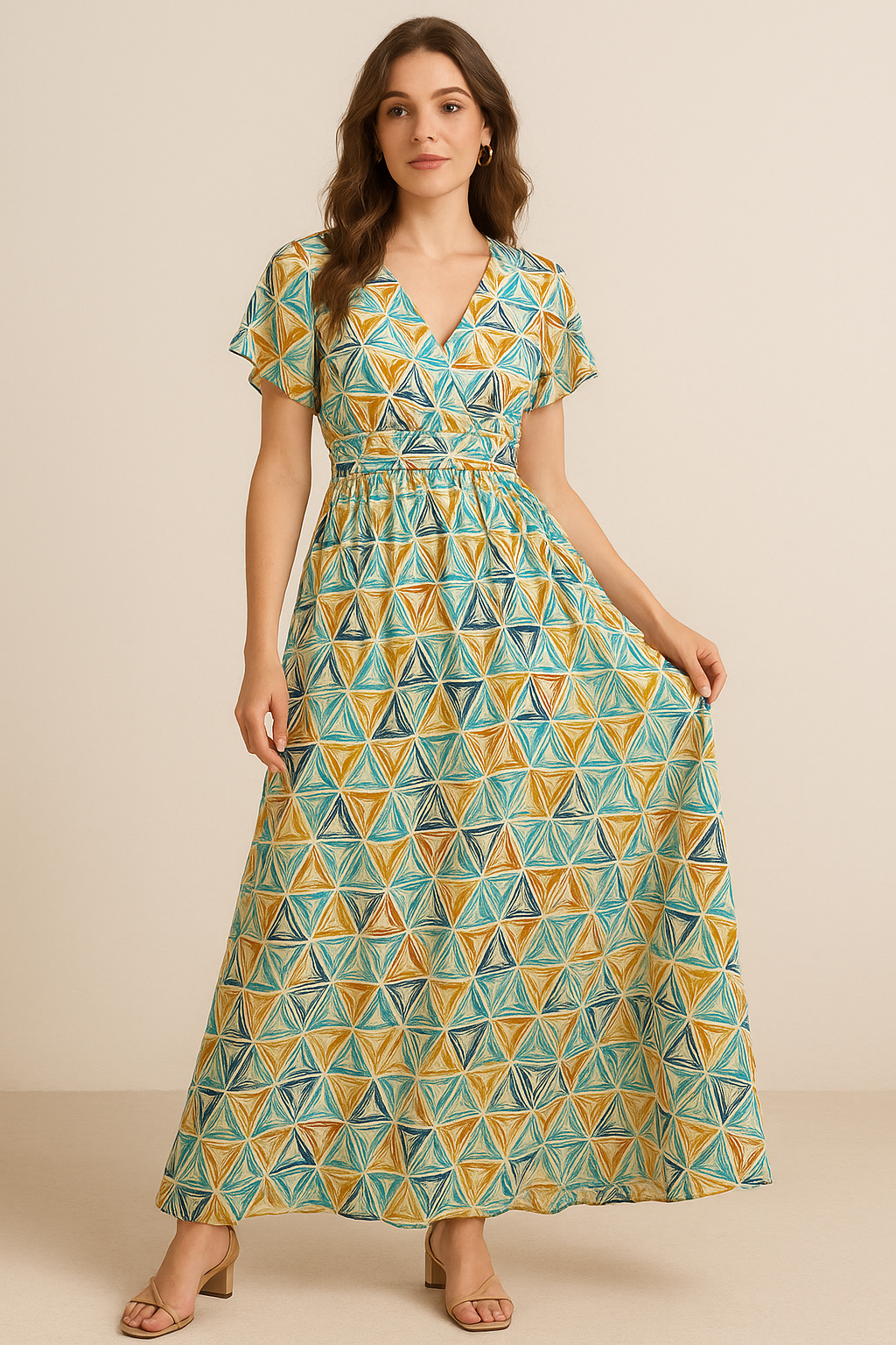 Orange And Sky Blue Triangle Digital Printed Fabric - Pure Georgette