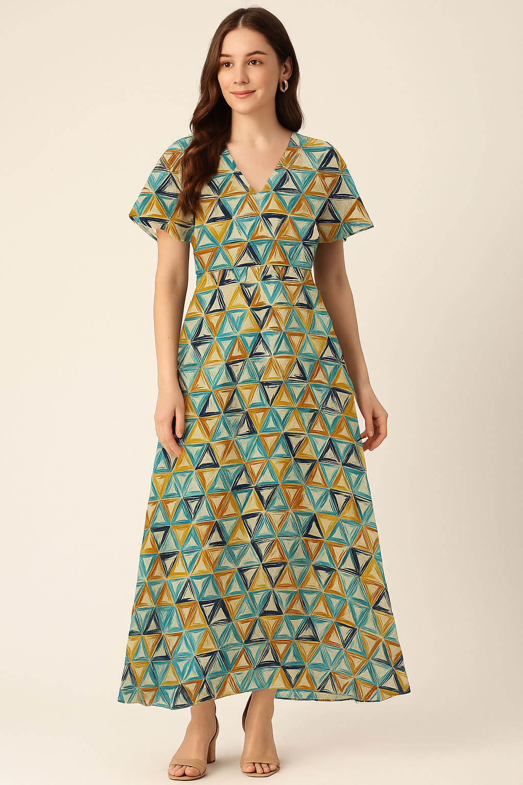 Orange And Sky Blue Triangle Digital Printed Fabric - Pure Georgette