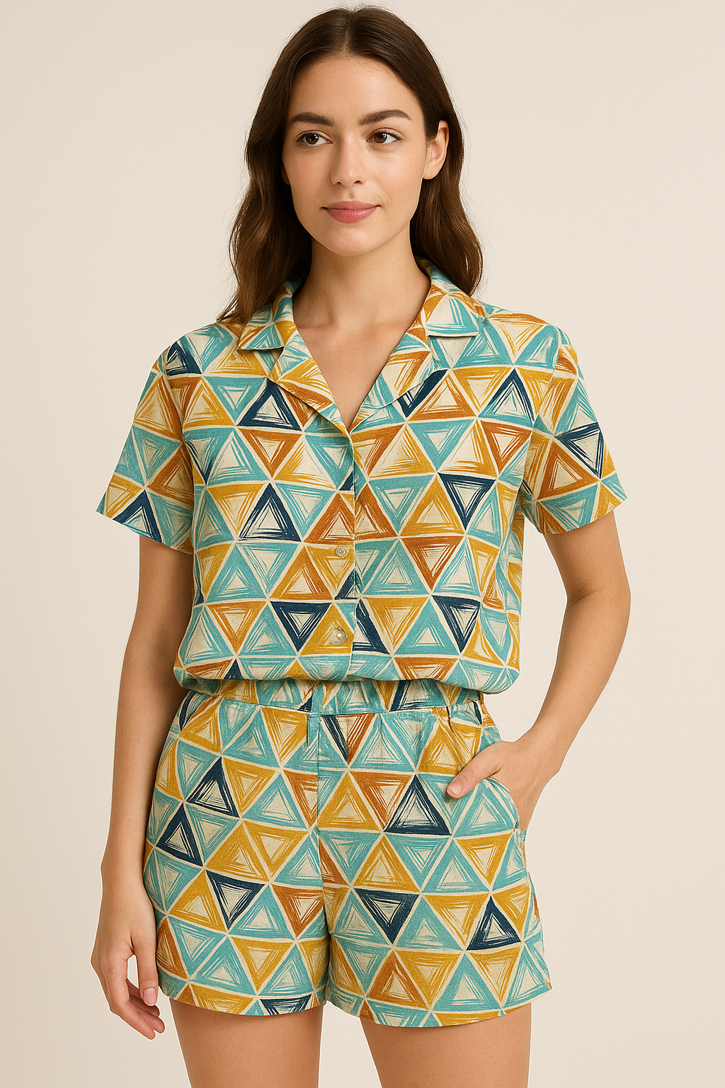 Orange And Sky Blue Triangle Digital Printed Fabric - Pure Georgette