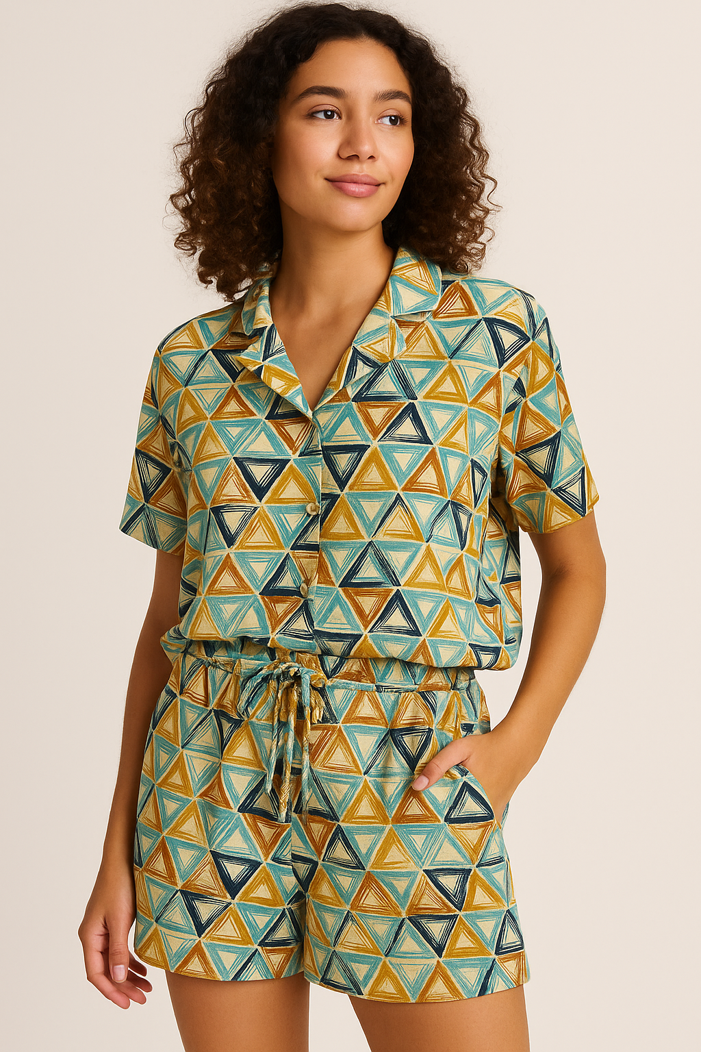 Orange And Sky Blue Triangle Digital Printed Fabric - Pure Georgette