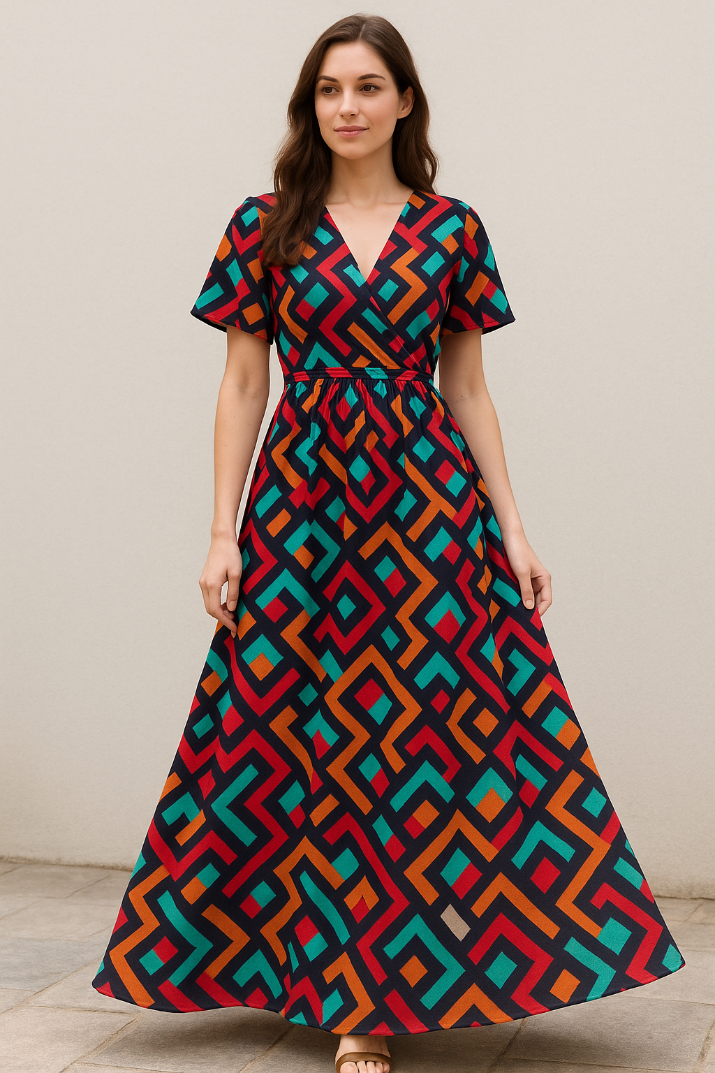 Multicolour Puzzle Rainbow Greek Key Digital Printed Fabric - Pure Georgette