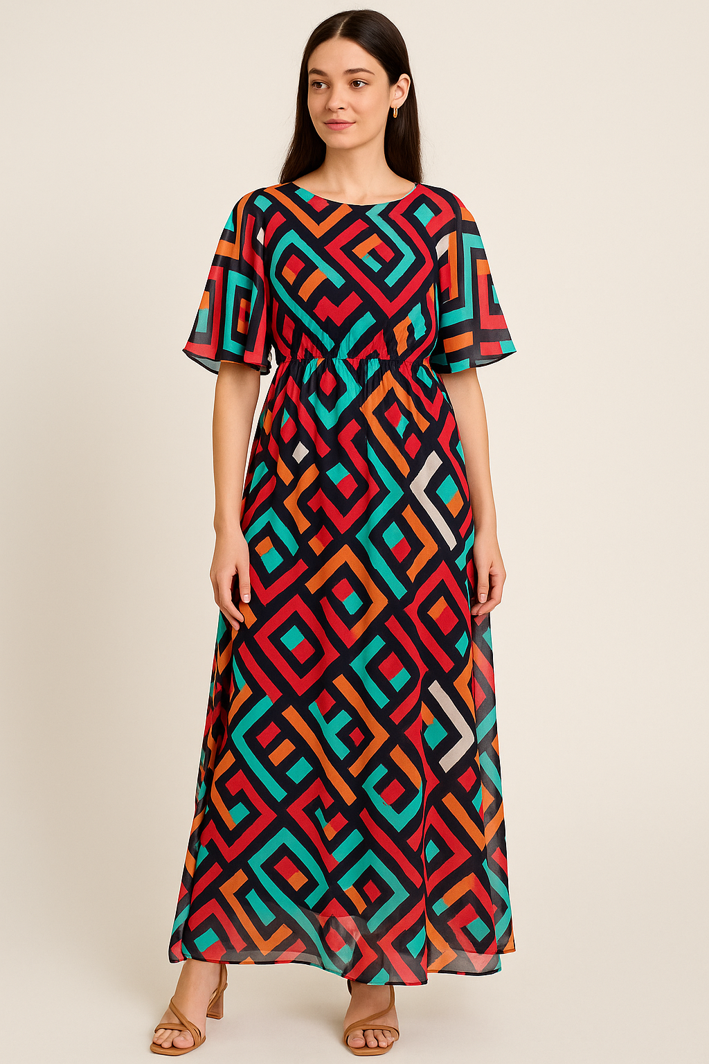 Multicolour Puzzle Rainbow Greek Key Digital Printed Fabric - Pure Georgette