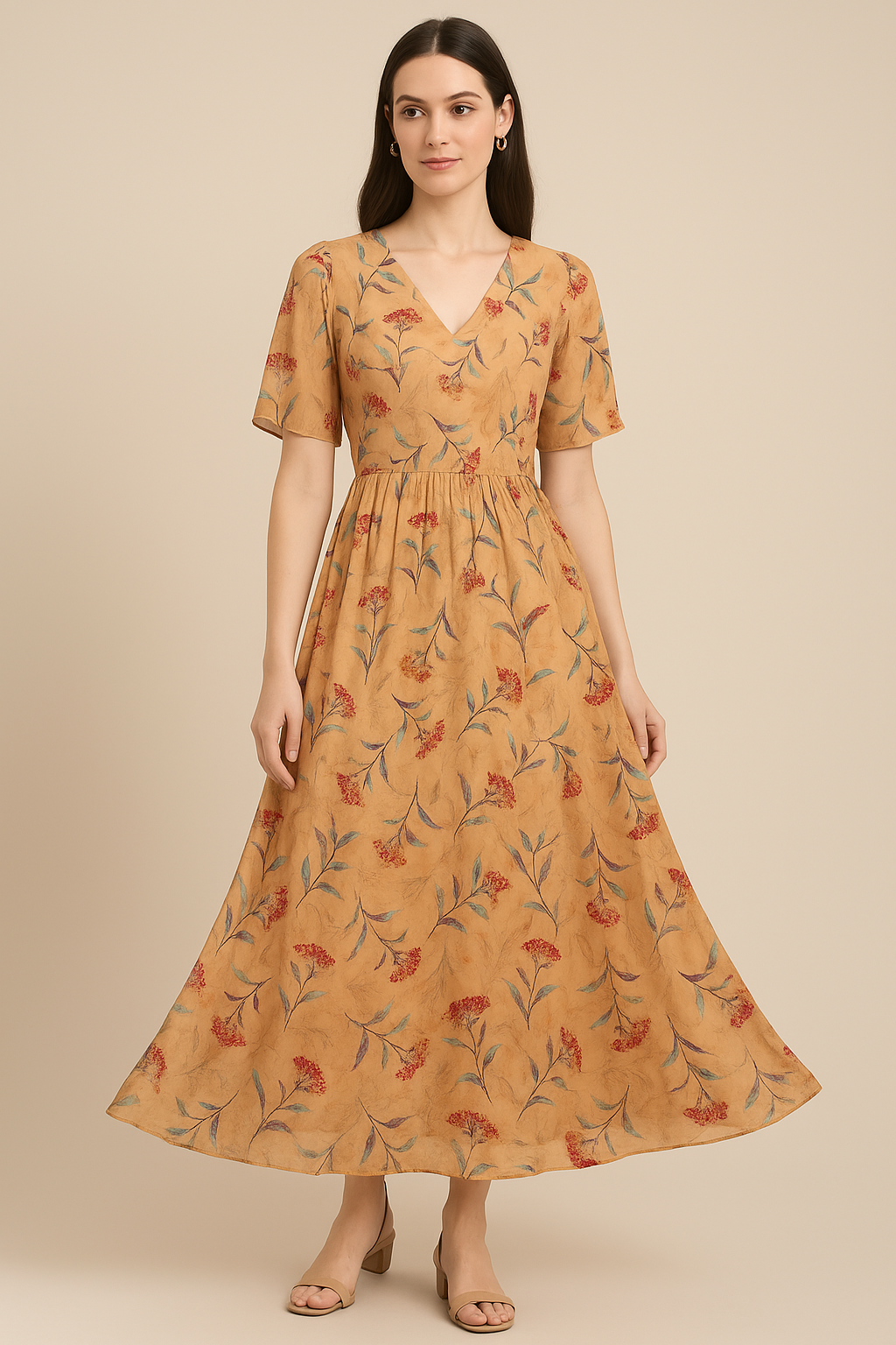 Botanical Red And Orange Floral Flower Digital Printed Fabric - Pure Georgette