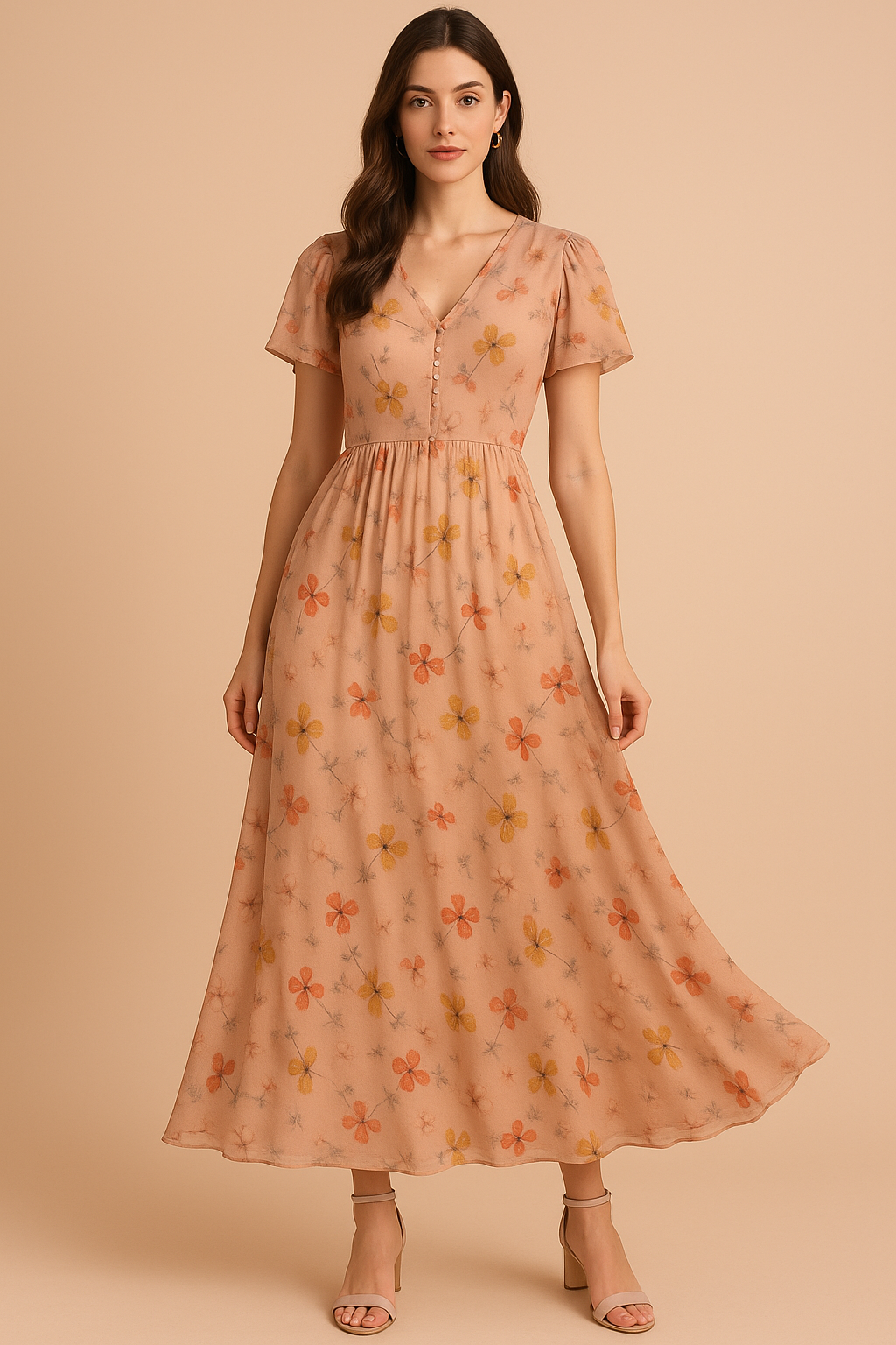 Repeat Red And Golden Periwinkle Digital Printed Fabric - Pure Georgette