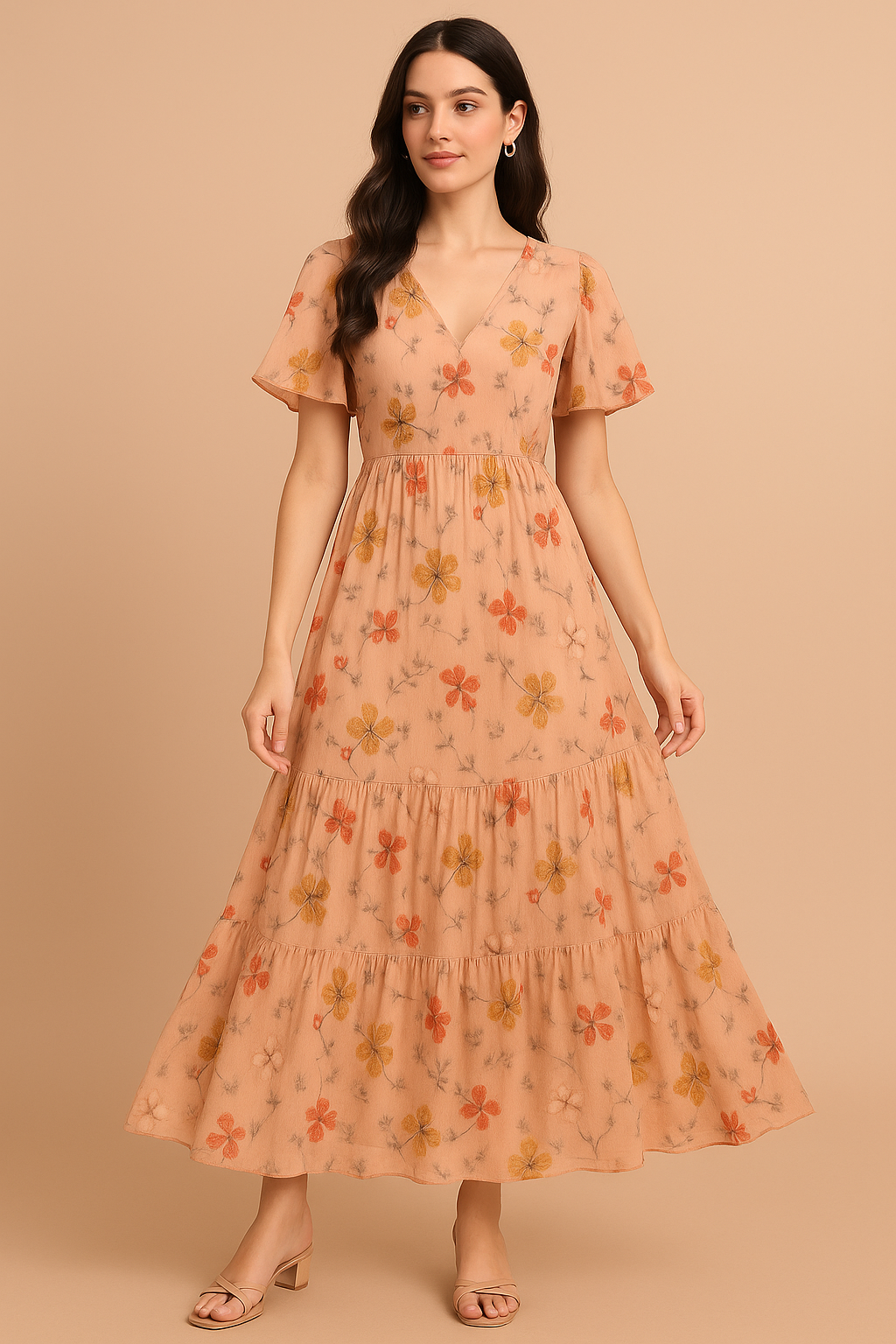 Repeat Red And Golden Periwinkle Digital Printed Fabric - Pure Georgette