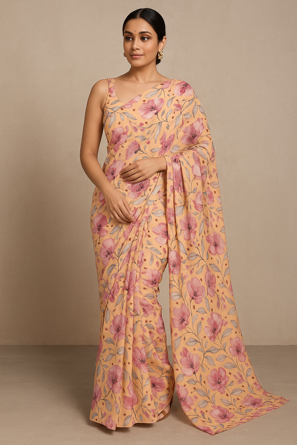 Modern Paint Of Leaves With Flower Digital Printed Fabric - Pure Georgette