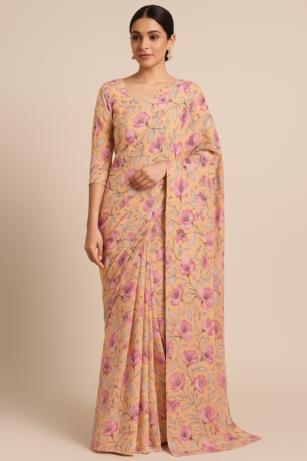 Modern Paint Of Leaves With Flower Digital Printed Fabric - Pure Georgette