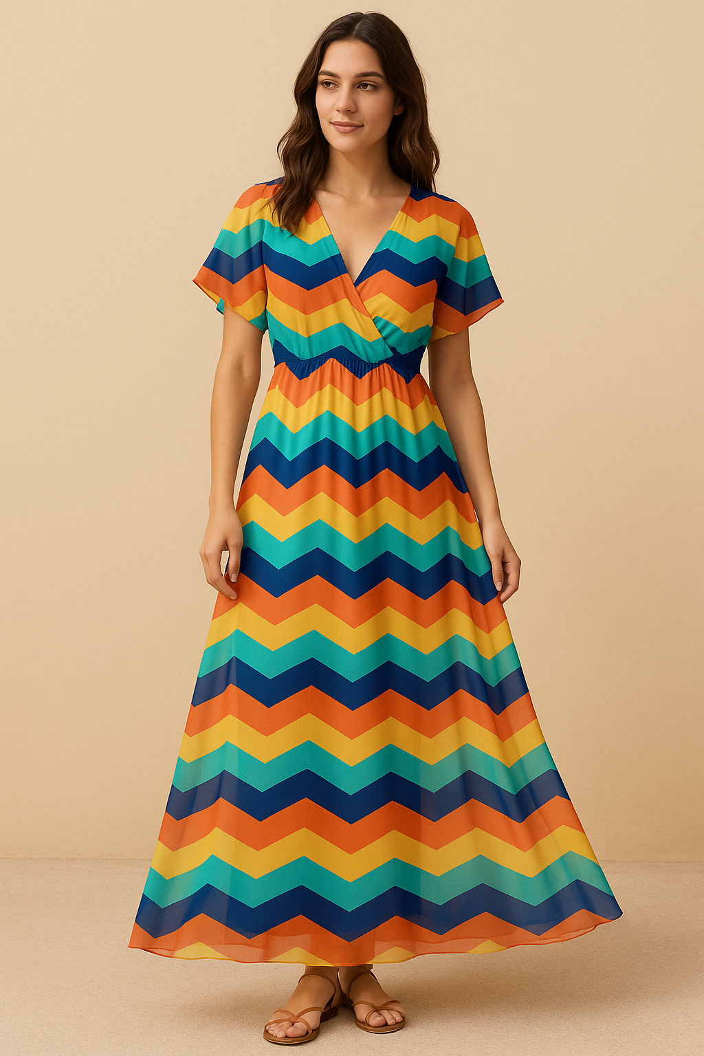 Rainbow Colour Strips Zigzag Digital Printed Fabric - Pure Georgette