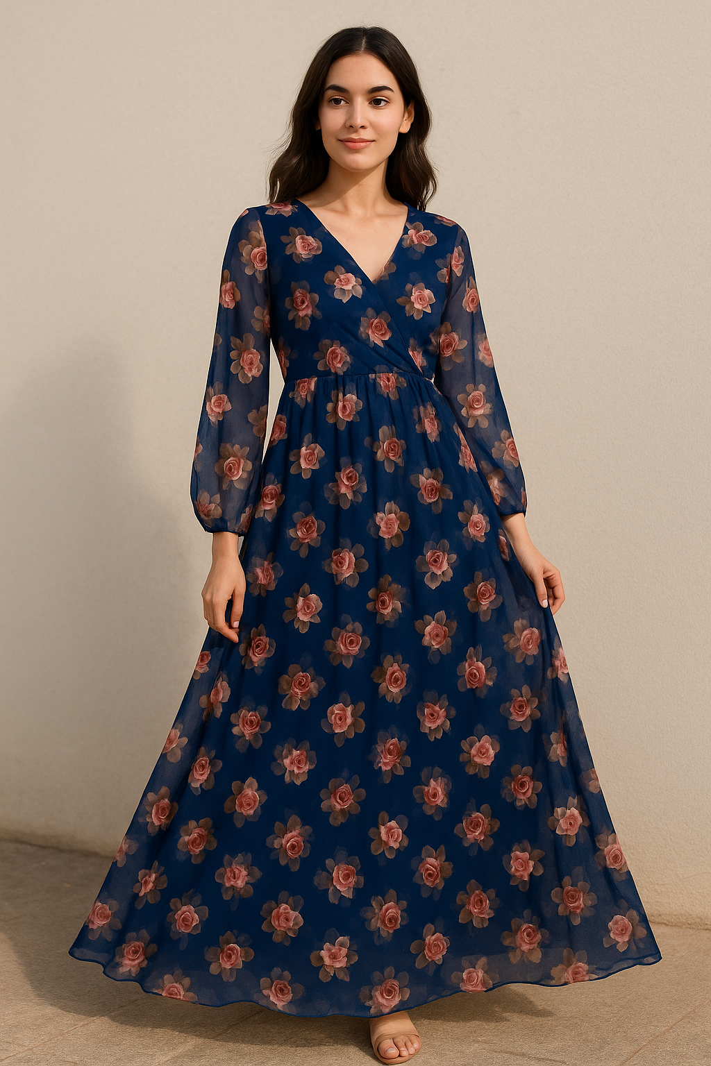 Valvet Blue Background With Creamy Roses Digital Printed Fabric - Pure Georgette