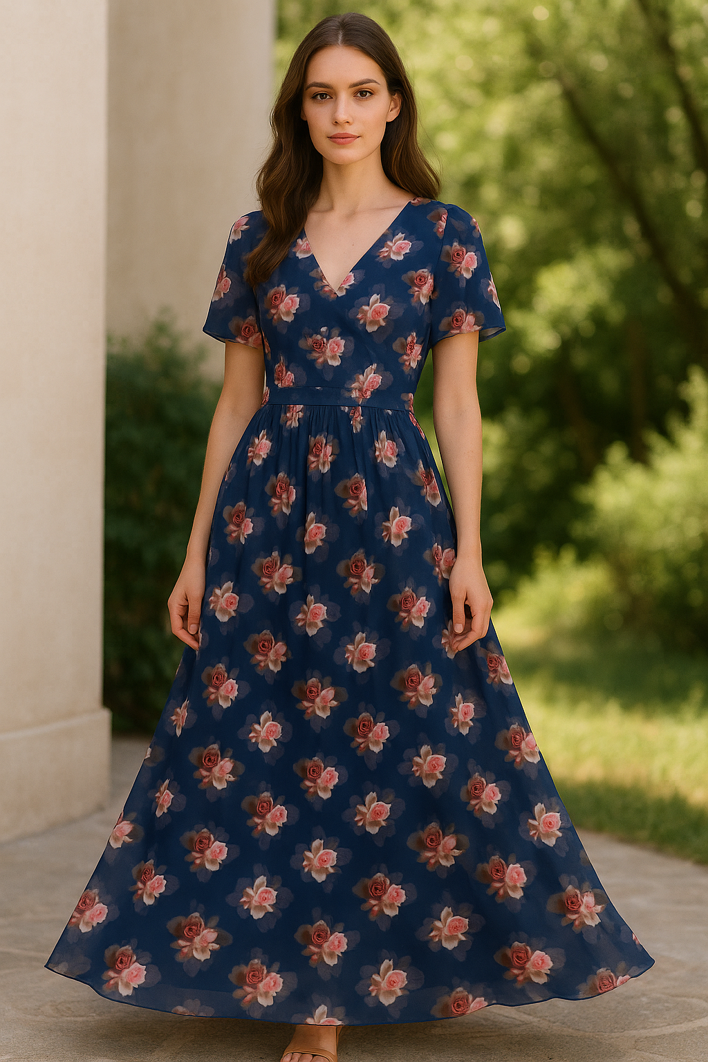 Valvet Blue Background With Creamy Roses Digital Printed Fabric - Pure Georgette