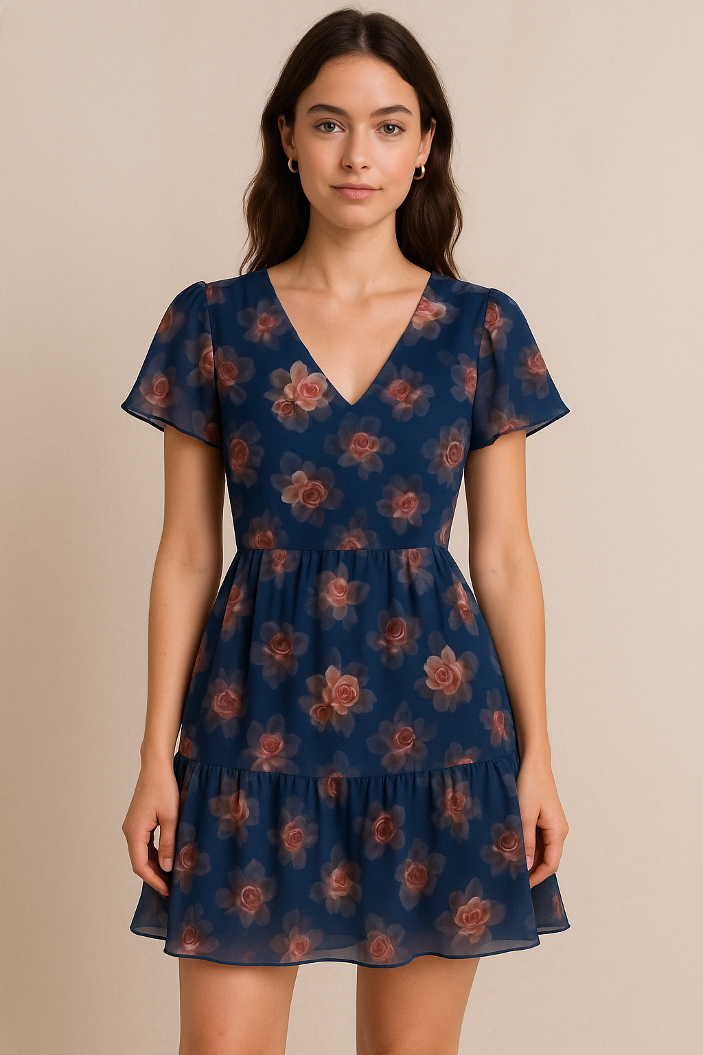 Valvet Blue Background With Creamy Roses Digital Printed Fabric - Pure Georgette