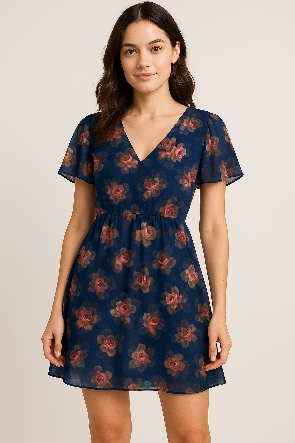 Valvet Blue Background With Creamy Roses Digital Printed Fabric - Pure Georgette