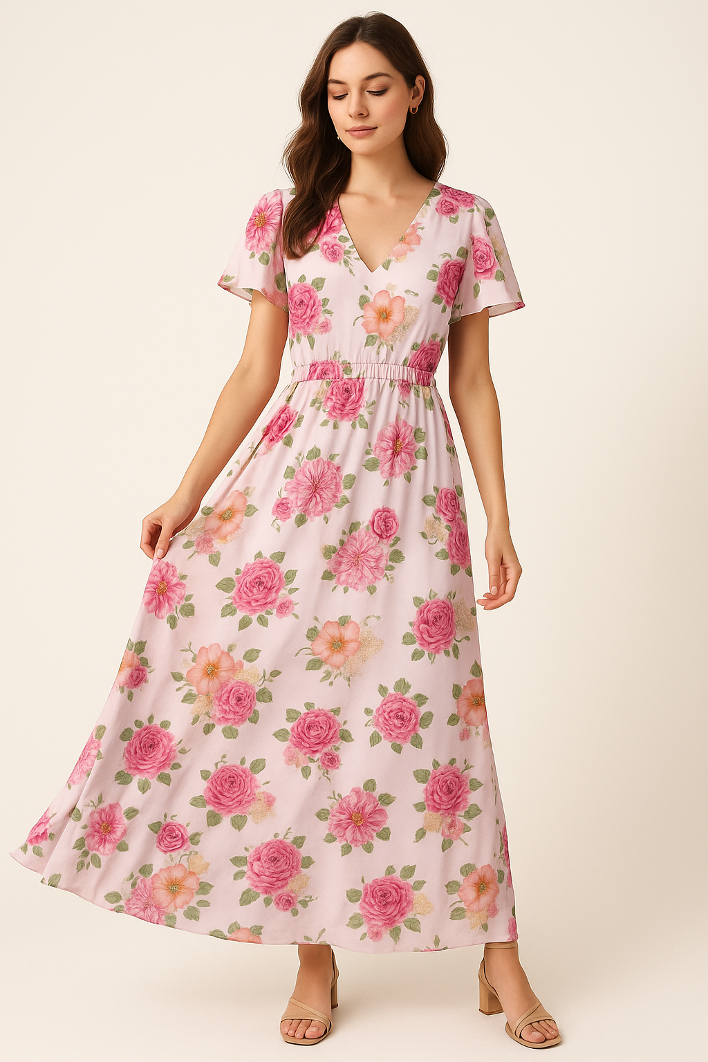 Simple And Beautiful Roses With Pink Lotus Digital Printed Fabric - Pure Georgette