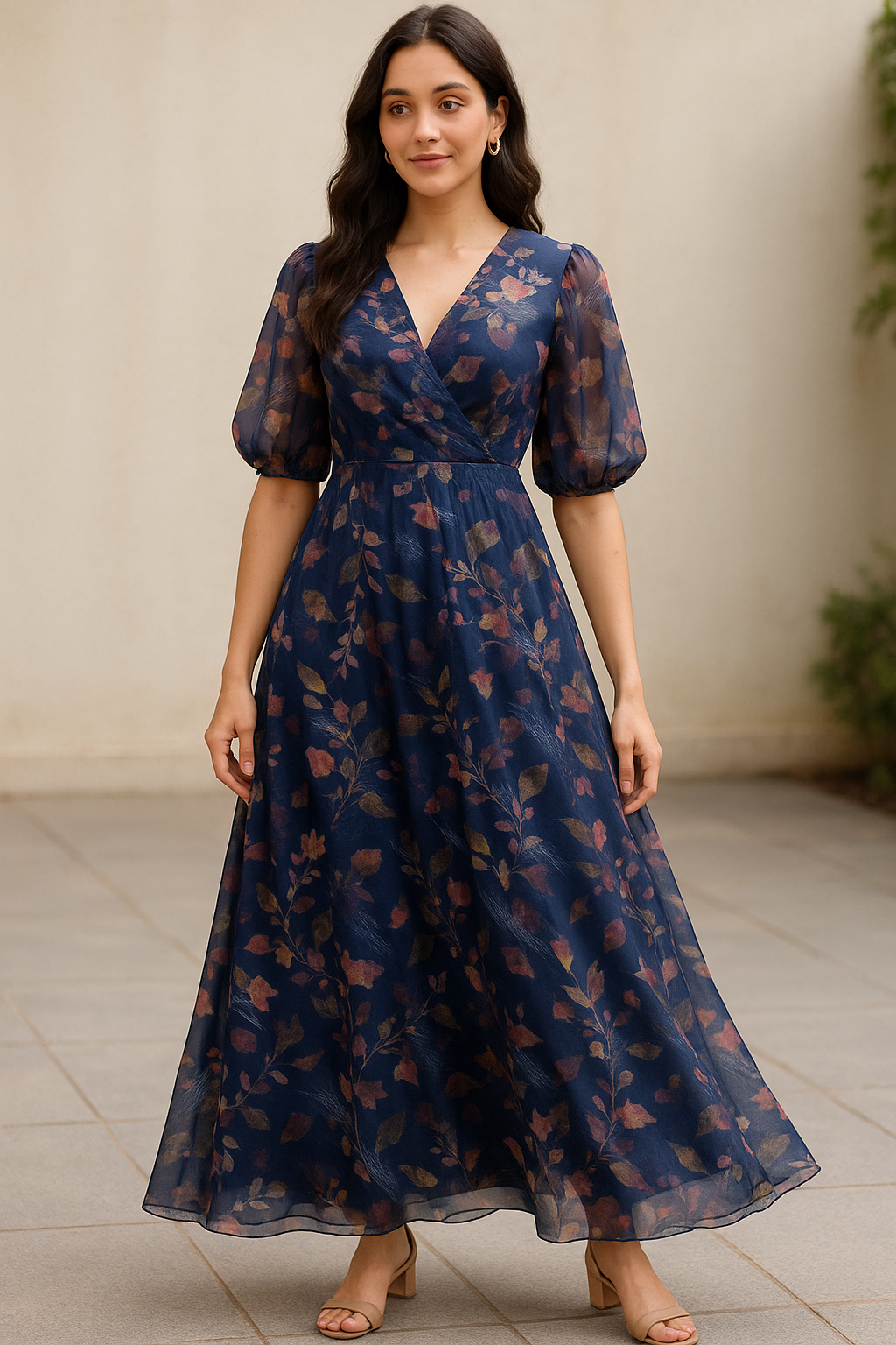 Little Leaves Petals With Blue background Digital Printed Fabric - Pure Georgette