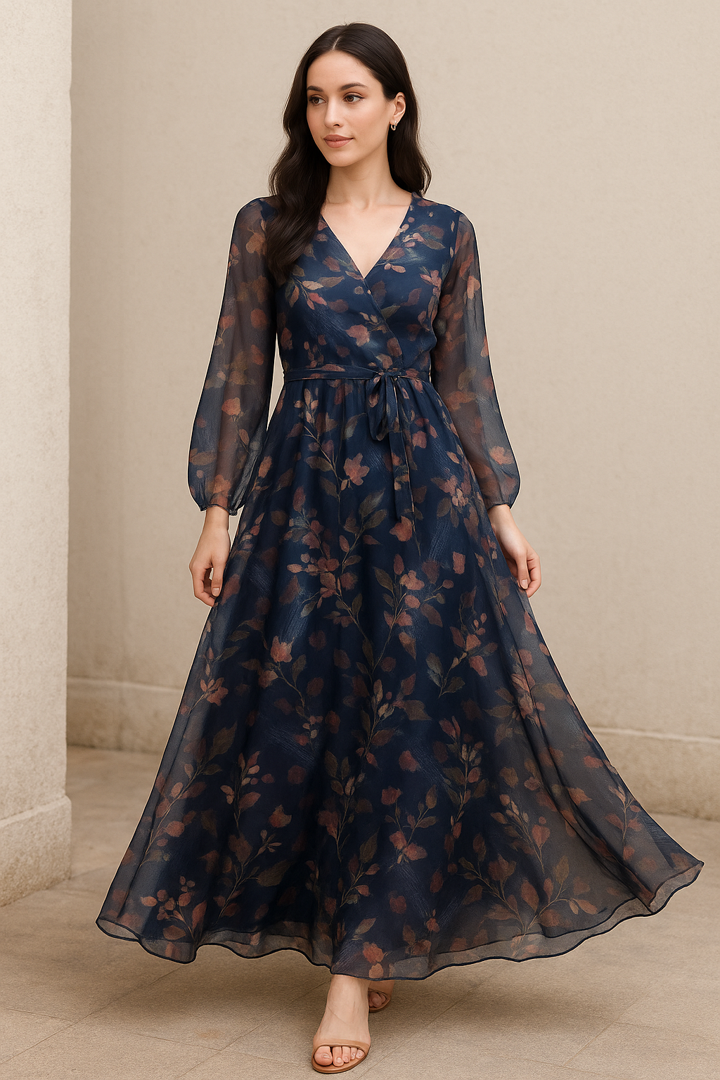 Little Leaves Petals With Blue background Digital Printed Fabric - Pure Georgette