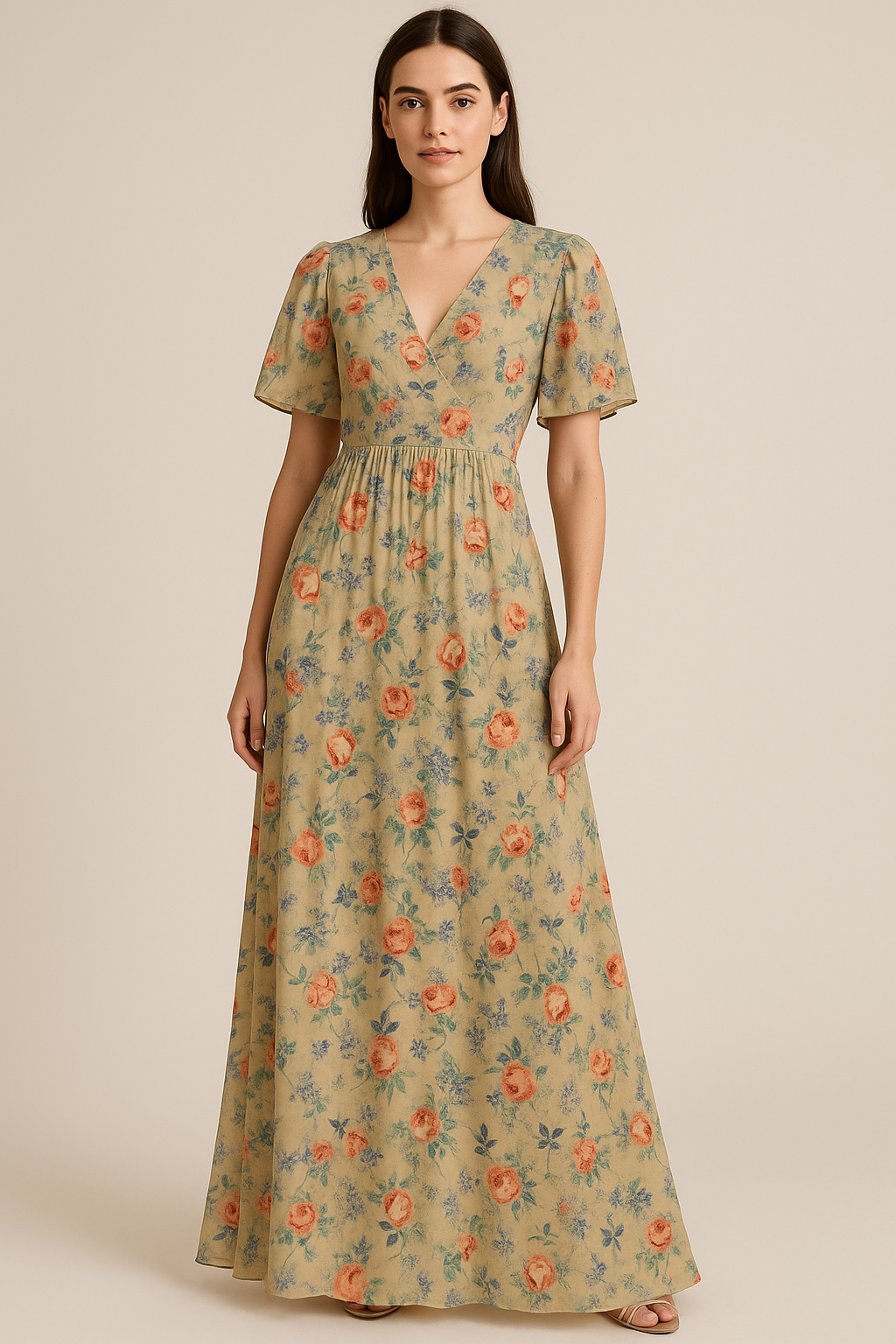 Blooming Orange Roses With Purple Floral Digital Printed Fabric - Pure Georgette