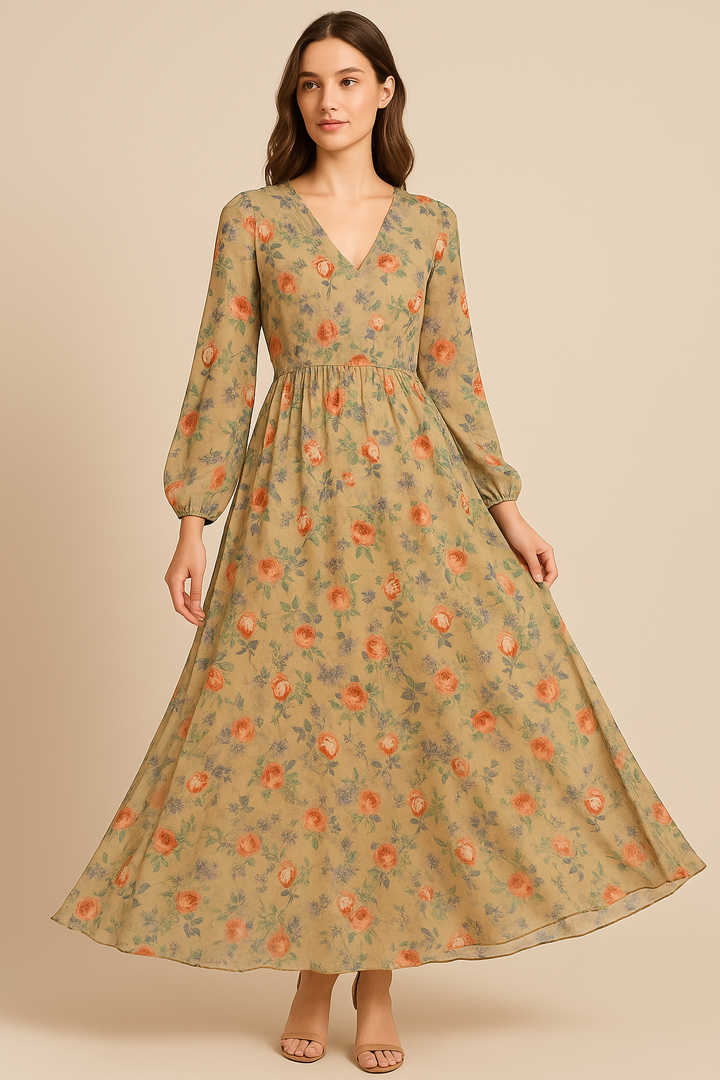 Blooming Orange Roses With Purple Floral Digital Printed Fabric - Pure Georgette