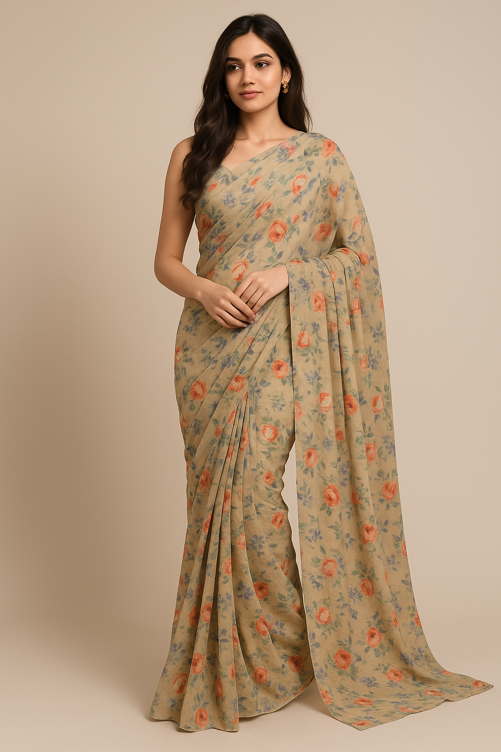 Blooming Orange Roses With Purple Floral Digital Printed Fabric - Pure Georgette