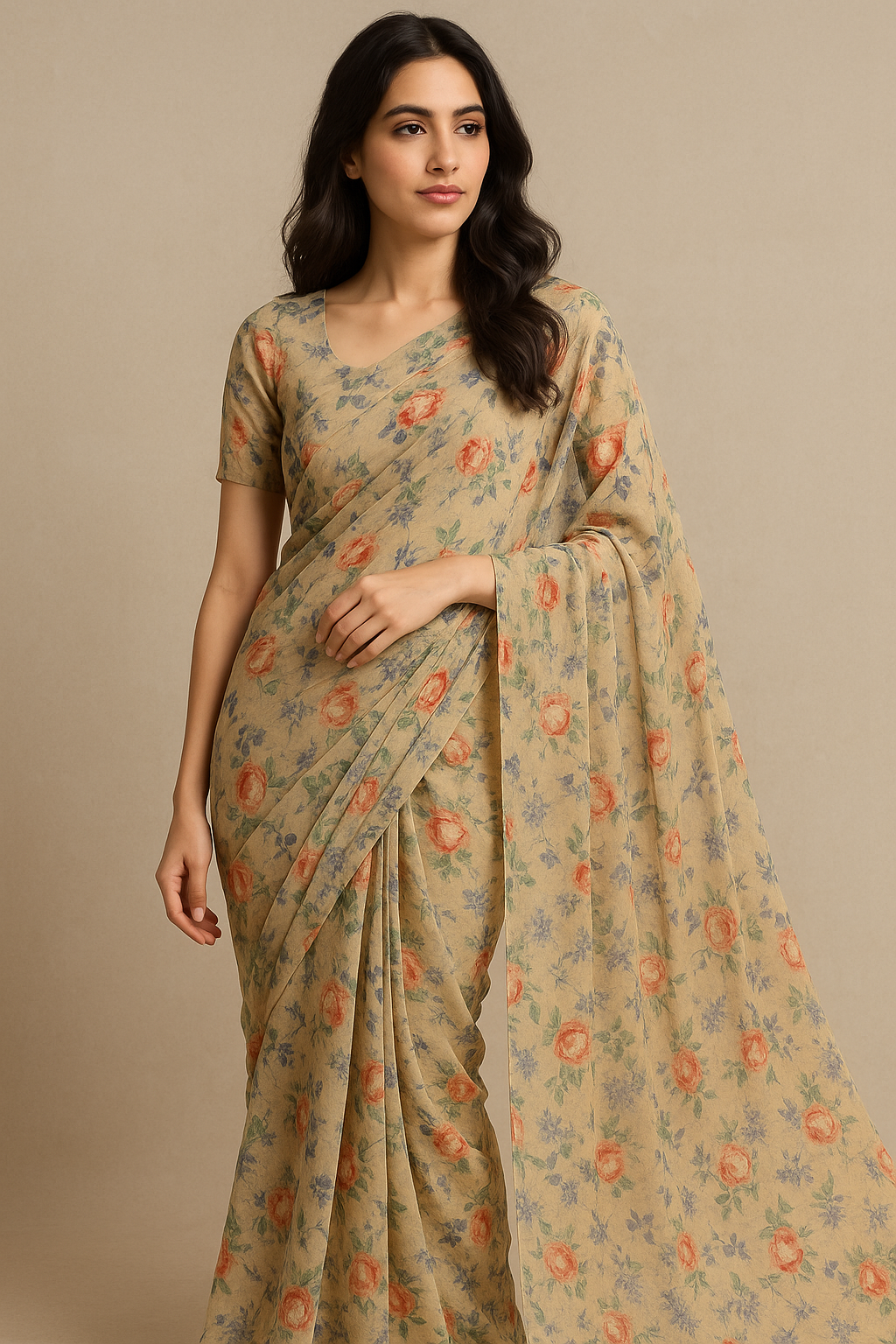 Blooming Orange Roses With Purple Floral Digital Printed Fabric - Pure Georgette