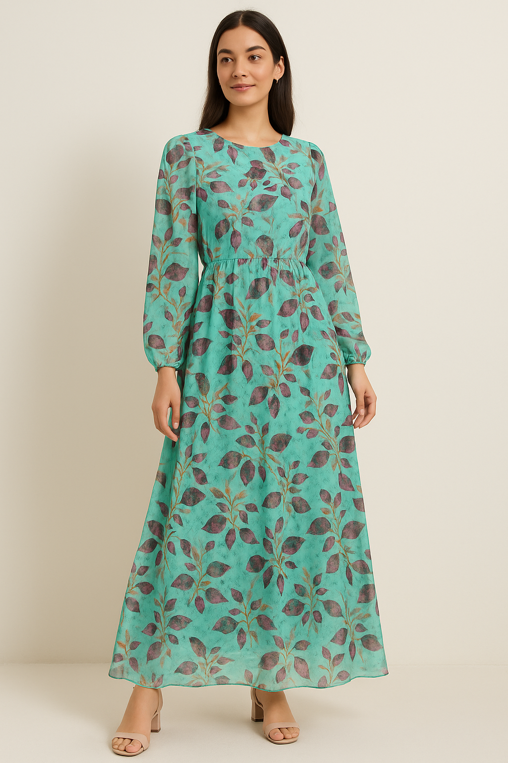 Watercolour Autumnal Leaves With Green Sprinkle Digital Printed Fabric - Pure Georgette