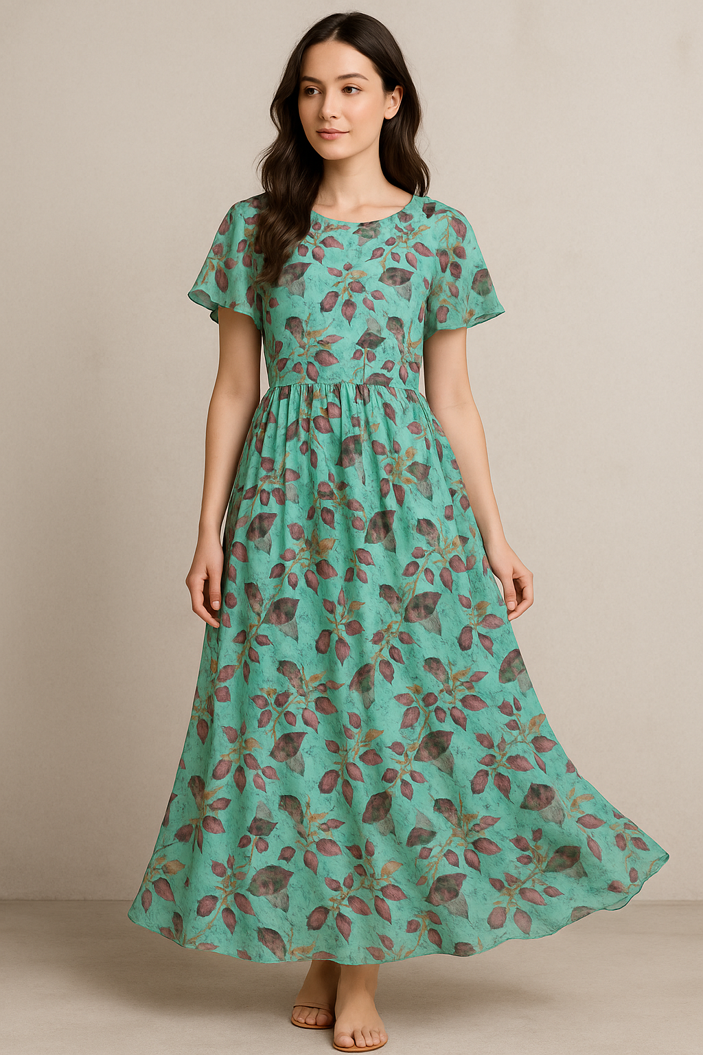 Watercolour Autumnal Leaves With Green Sprinkle Digital Printed Fabric - Pure Georgette