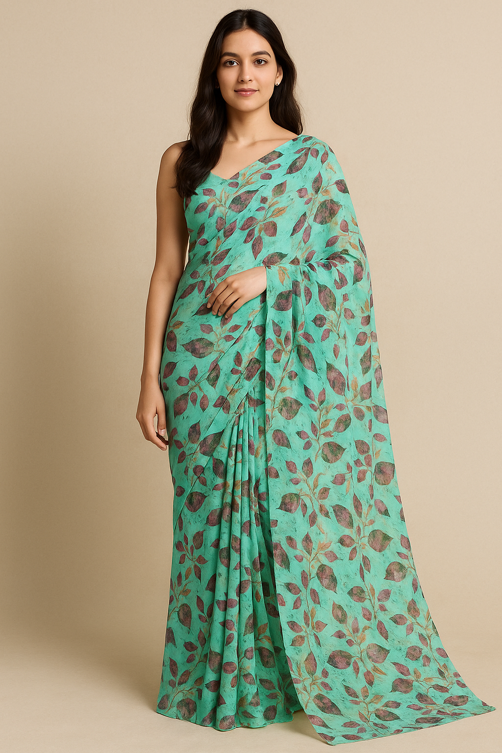 Watercolour Autumnal Leaves With Green Sprinkle Digital Printed Fabric - Pure Georgette