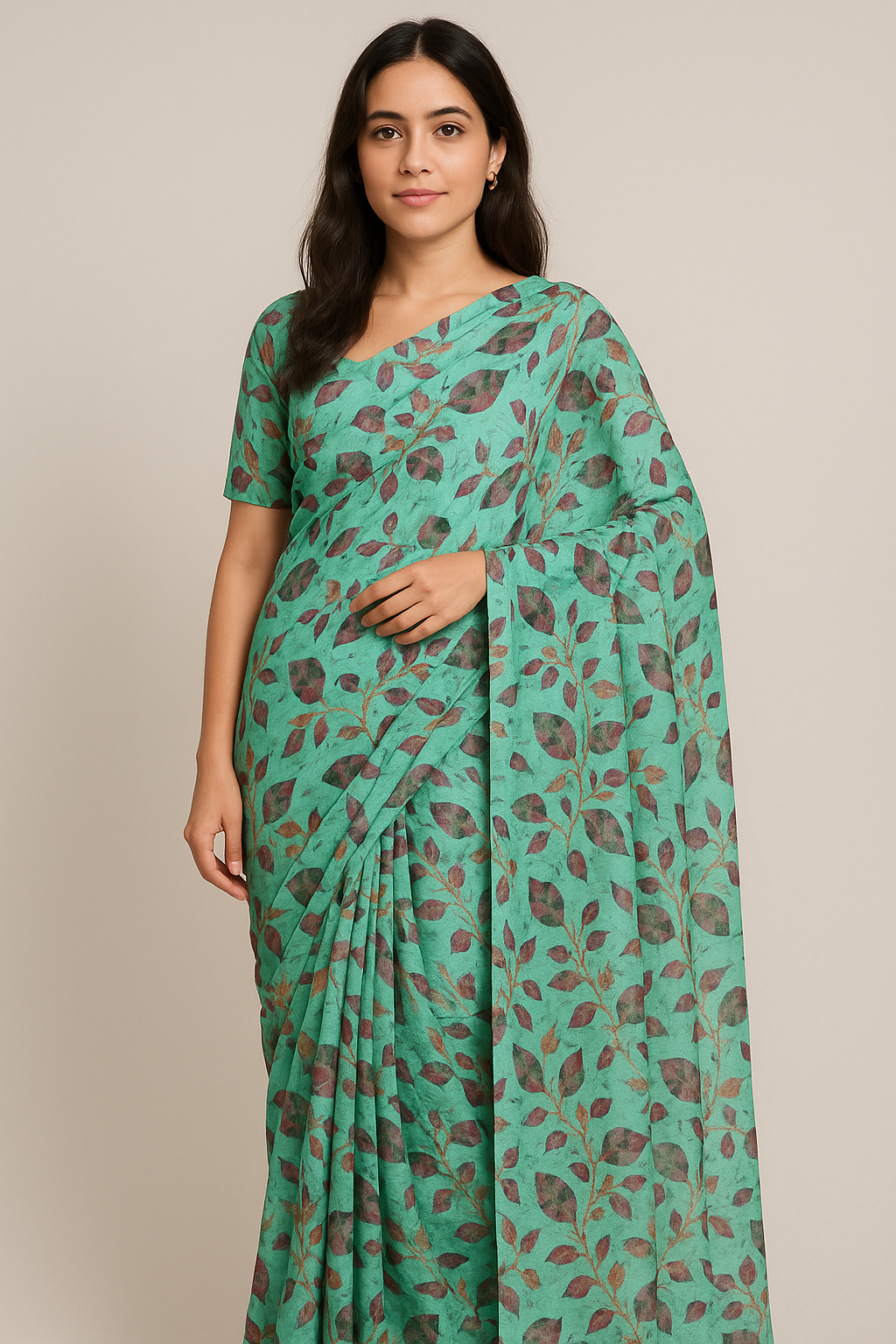 Watercolour Autumnal Leaves With Green Sprinkle Digital Printed Fabric - Pure Georgette