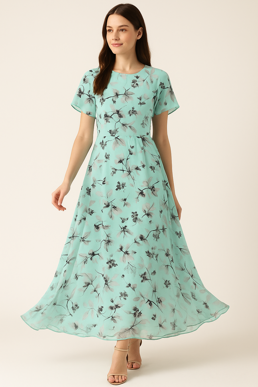 Morden Grey Leaves With Branch Digital Printed Fabric - Pure Georgette