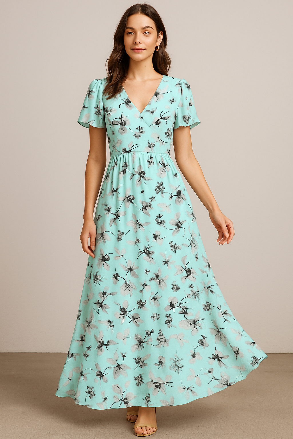 Morden Grey Leaves With Branch Digital Printed Fabric - Pure Georgette